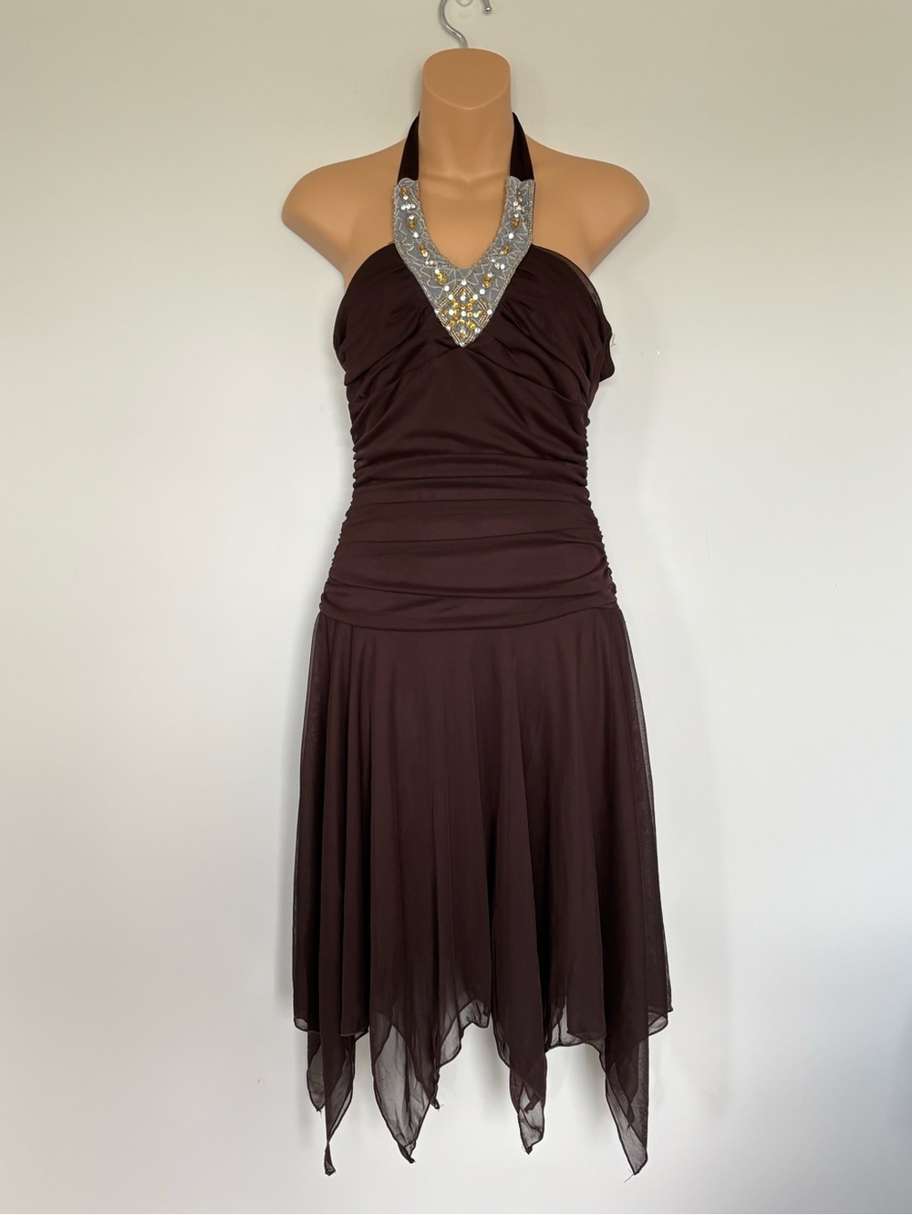 Trixxi Y2K Brown Mesh Halter Dress Medium NWT Handkerchief Hem Whimsigoth